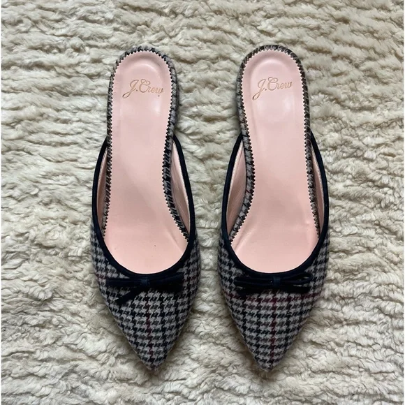J.Crew Pointed D’Orsay Slides in Navy Wheat Multi Plaid with Bow 7.5 - Picture 2 of 3